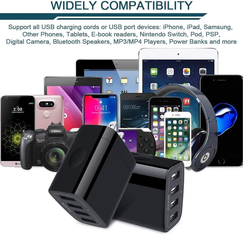 4.8A 4-Port USB Wall Charger Cube - Dual Pack, Compatible with iPhone 15/14/13 Pro Max and Samsung Galaxy S23/S22/S21/S20